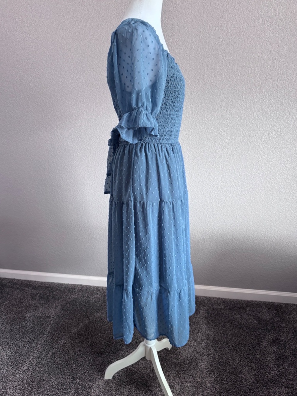 MEROKEETY BOHO Blue Swiss Dot Smocked Square Neck Midi Dress Size Medium - Picture 5 of 8